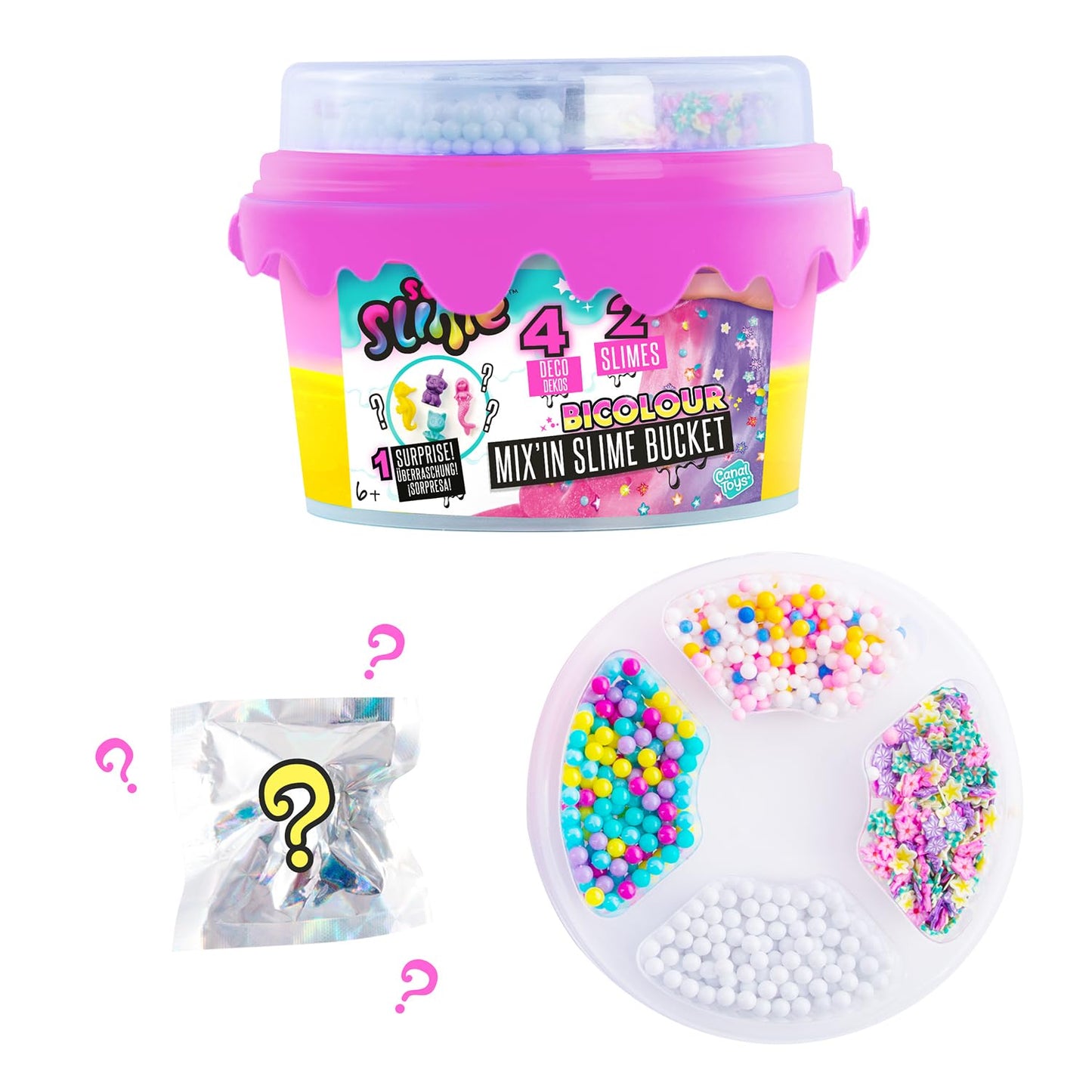 Colorful Canal Toys So Slime Mix'in slime bucket with three vibrant colors, fun add-in decorations, ready for kids 6+ to play.