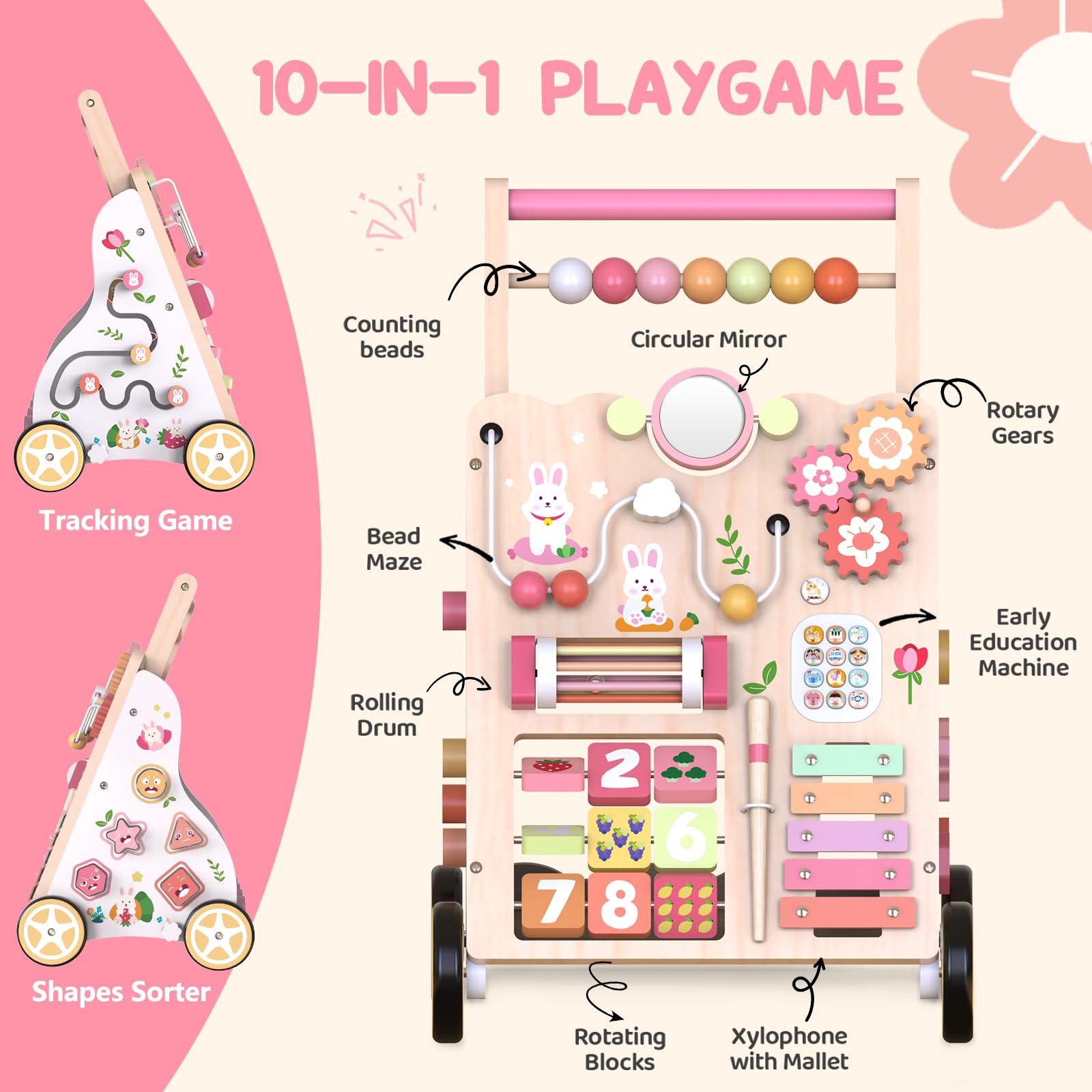 Weilim wooden bunny baby walker with wheels, adjustable height, toddler push walker for learning to walk, suitable for 12+ months.