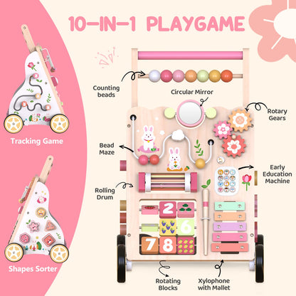 Weilim wooden bunny baby walker with wheels, adjustable height, toddler push walker for learning to walk, suitable for 12+ months.