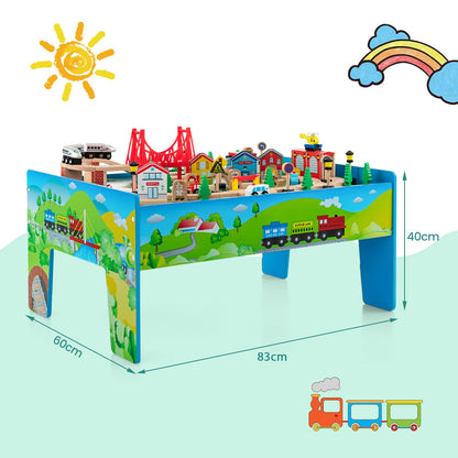 COSTWAY Train Track Set and Table, Wood Kids Play Tables with Abundant Accessories, DIY Railway Activity Playset for Boys Girls