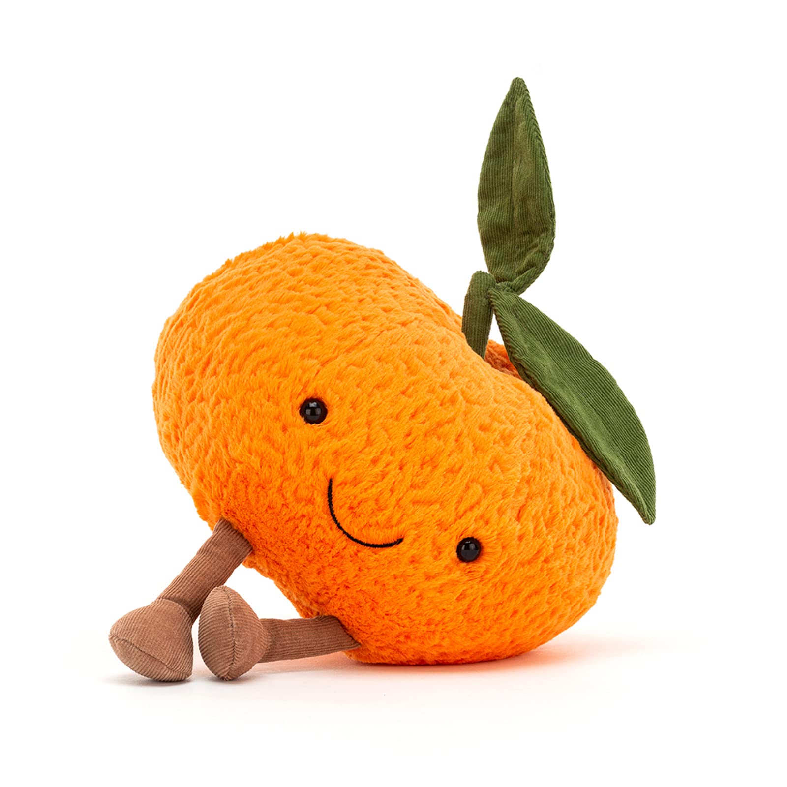 Small orange Jellycat Amuseable Clementine plush cat soft toy, measuring 9cm x 12cm, with a smiling face and cute design.