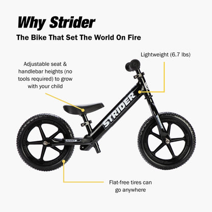 Strider 12 Sport Bike - No Pedal Balance Bicycle for Kids - 1 to 4 Years - Black