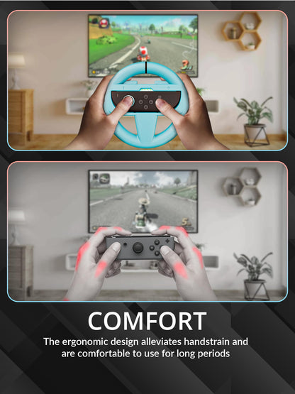 Orzly twin pack racing steering wheels for Nintendo Switch, red and blue, compatible with Joy-Con controllers and kart racing games.