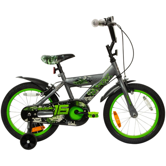 Huffy Delirium 16-Inch Boys’ Bike, Durable Steel Frame, Dual Caliper Brakes, Removable Stabilisers, Single-Speed, Kids’ Bicycle for Ages 4-6, Storm Matte Grey & Lime Green