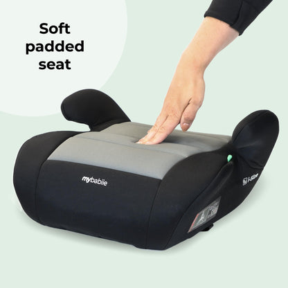 My Babiie Booster Lite R129 Car Seat - Lightweight at 1kg, Approx. 6-12 Years (125-150cm, 22-36kg), i-Size Backless Child Car Seat, Group 3, Compact, Portable, Ideal for Travel - Black & Grey