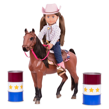 Our Generation horseback riding set featuring a saddle, cowgirl hat, and accessories for 18-inch dolls.