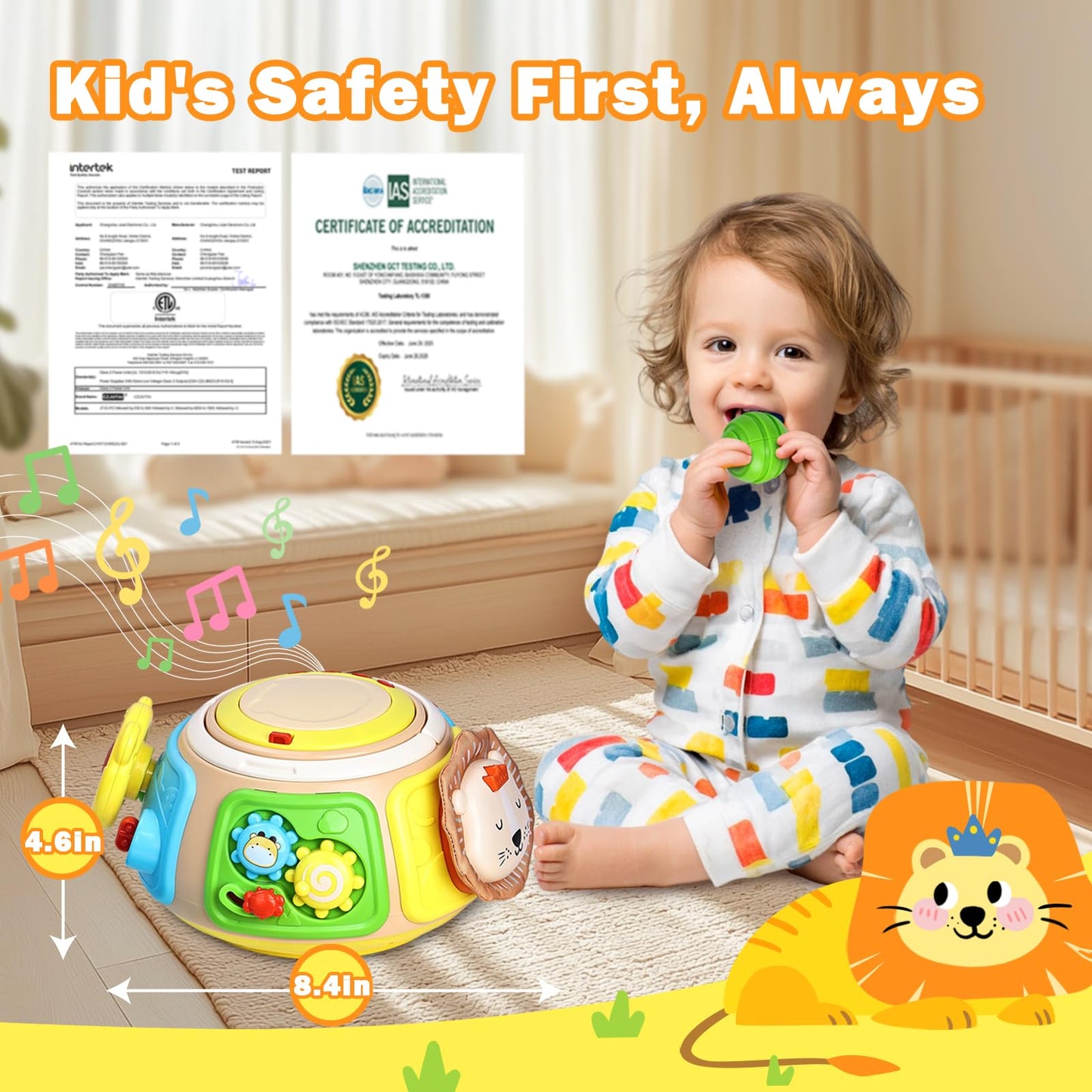 Sumapner 7-in-1 activity cube with drum, sensory shape blocks, lights, and music for babies and toddlers, educational and fun.