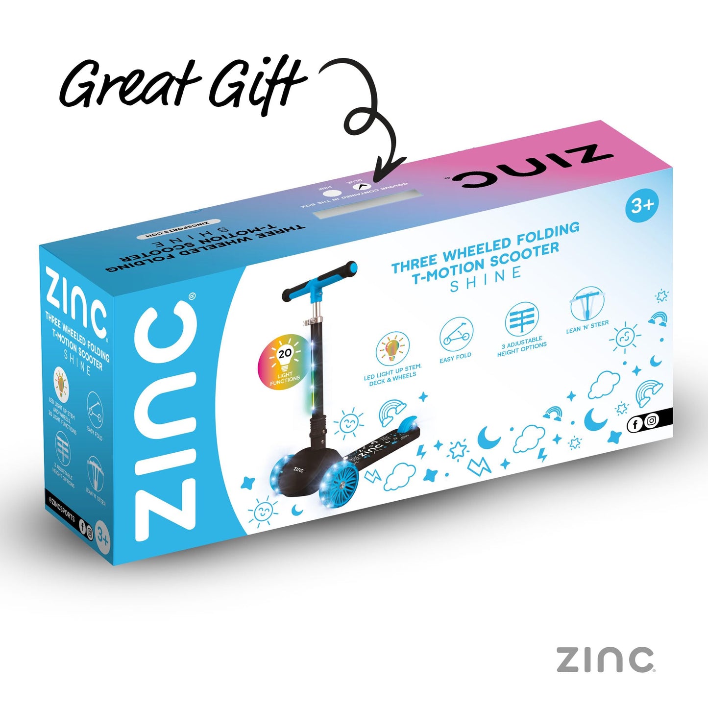 Zinc T-Motion Shine Kids Scooter for Ages 3+ – Three Wheeled Folding Boys & Girls Scooter with LED Light Up Deck & Wheels, Adjustable Handlebar, Lean & Steer Controls, Rear Brake, Black & Blue