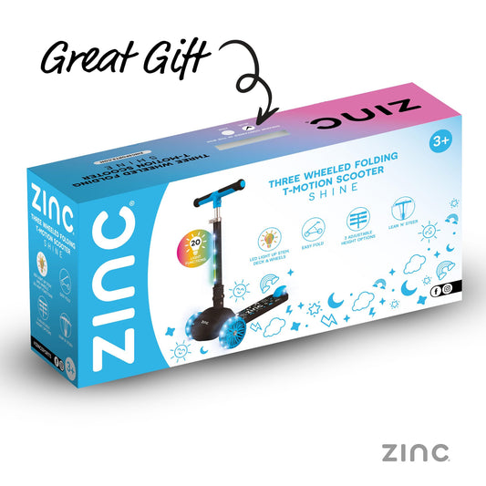 Zinc T-Motion Shine Kids Scooter for Ages 3+ – Three Wheeled Folding Boys & Girls Scooter with LED Light Up Deck & Wheels, Adjustable Handlebar, Lean & Steer Controls, Rear Brake, Black & Blue