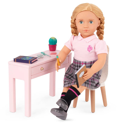 Our Generation dollhouse furniture set featuring a home desk and chair for 18-inch dolls, perfect for pretend play.