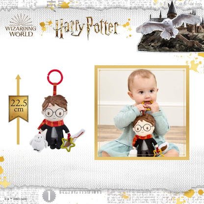 Harry Potter On the Go activity toy by Rainbow Designs, clip-on pram toy with crinkle broomstick and squeaky owl for babies.