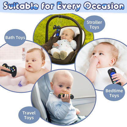 Mailesi black silicone teething sensory toy remote control for babies 0-12 months, ideal for autism and bath time.