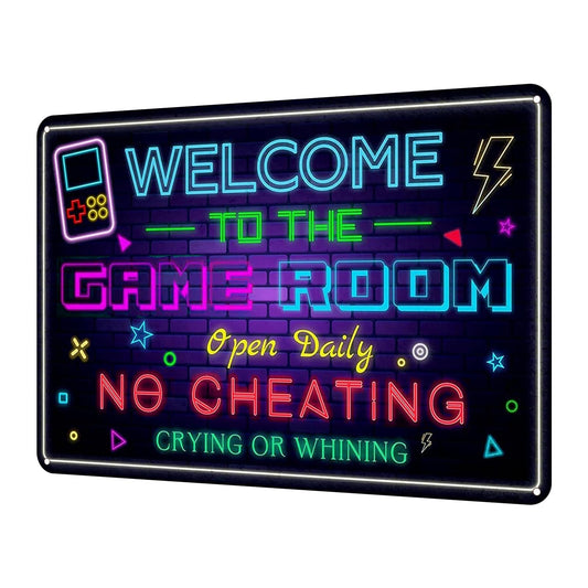 Welcome to the Game Room Metal Tin Sign – Cool Neon Gaming Decor for Boys & Teens, Gamer Room Accessories for Bedroom, Game Night Wall Decor Gift for Gamers, 12 x 8 Inch (2507)