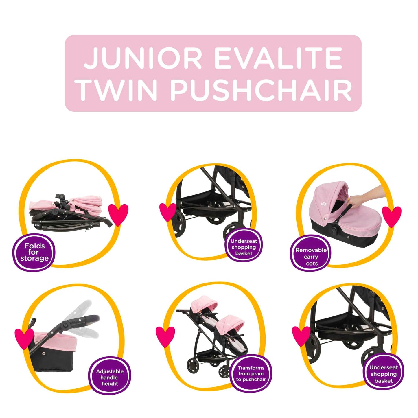 Joie Junior Evalite Twin Pushchair | Pink & Black Double Pushchair | Double Dolls Pram with Adjustable Height Handle And Multiple Seat Options | Suitable For Ages 3+