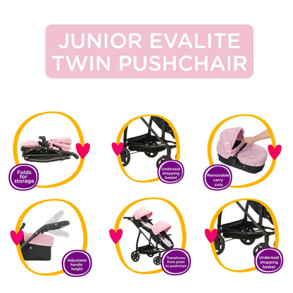 Joie Junior Evalite Twin Pushchair | Pink & Black Double Pushchair | Double Dolls Pram with Adjustable Height Handle And Multiple Seat Options | Suitable For Ages 3+
