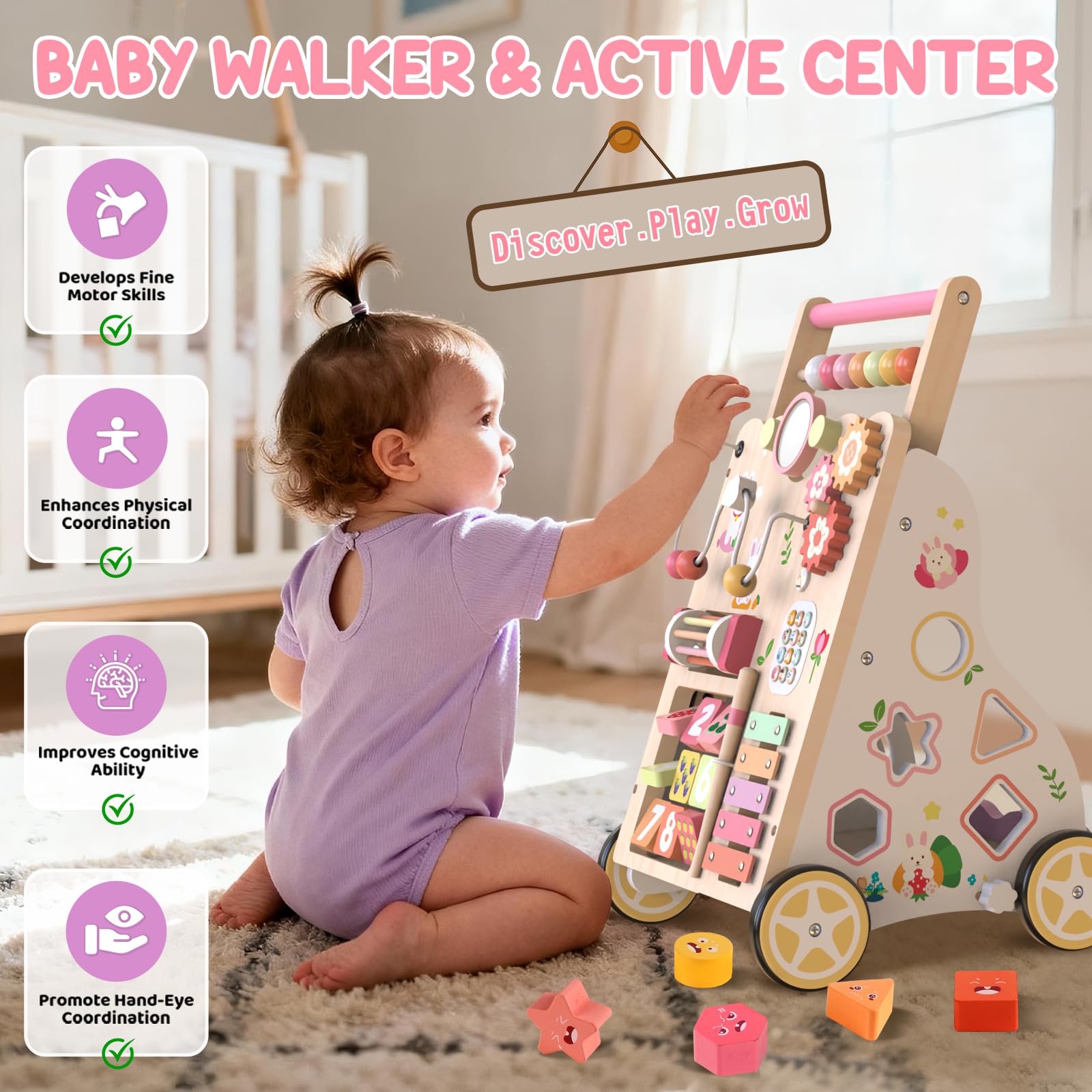 Wooden bunny-shaped baby walker by Weilim with wheels, adjustable height, and speed for toddlers learning to walk.