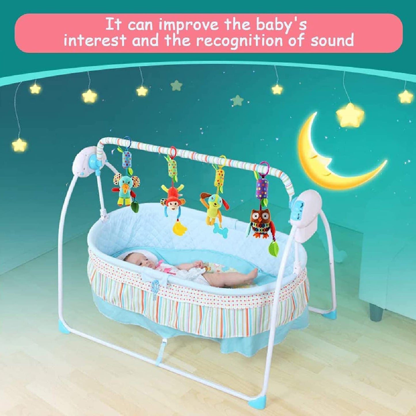 Set of four wohot baby pram toys including plush animals, hanging rattles, wind chimes, and teethers for newborns and toddlers.