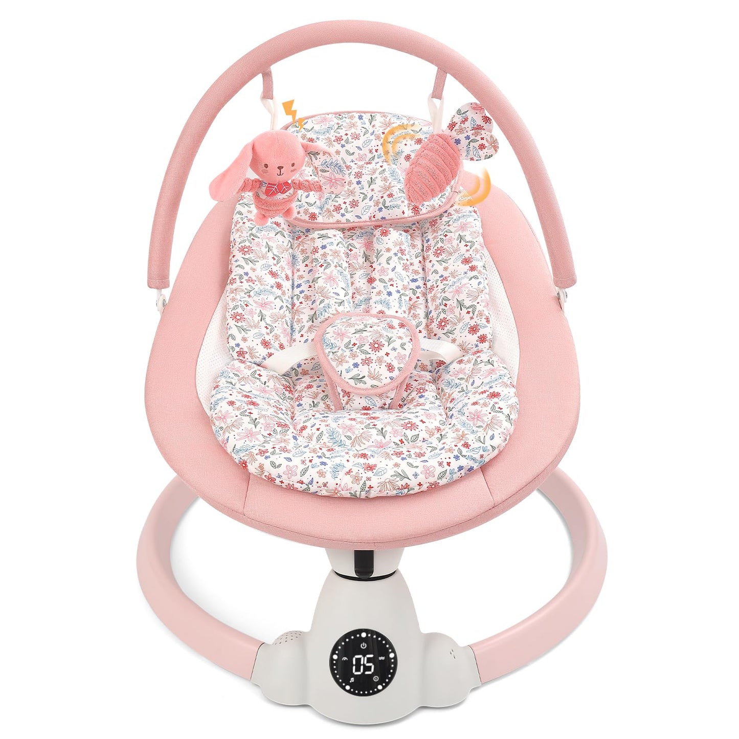 Uuoeebb baby bouncer and swing with floral fabric, 5 swing speeds, 10 lullabies, 5-point harness, remote control, and touch panel.