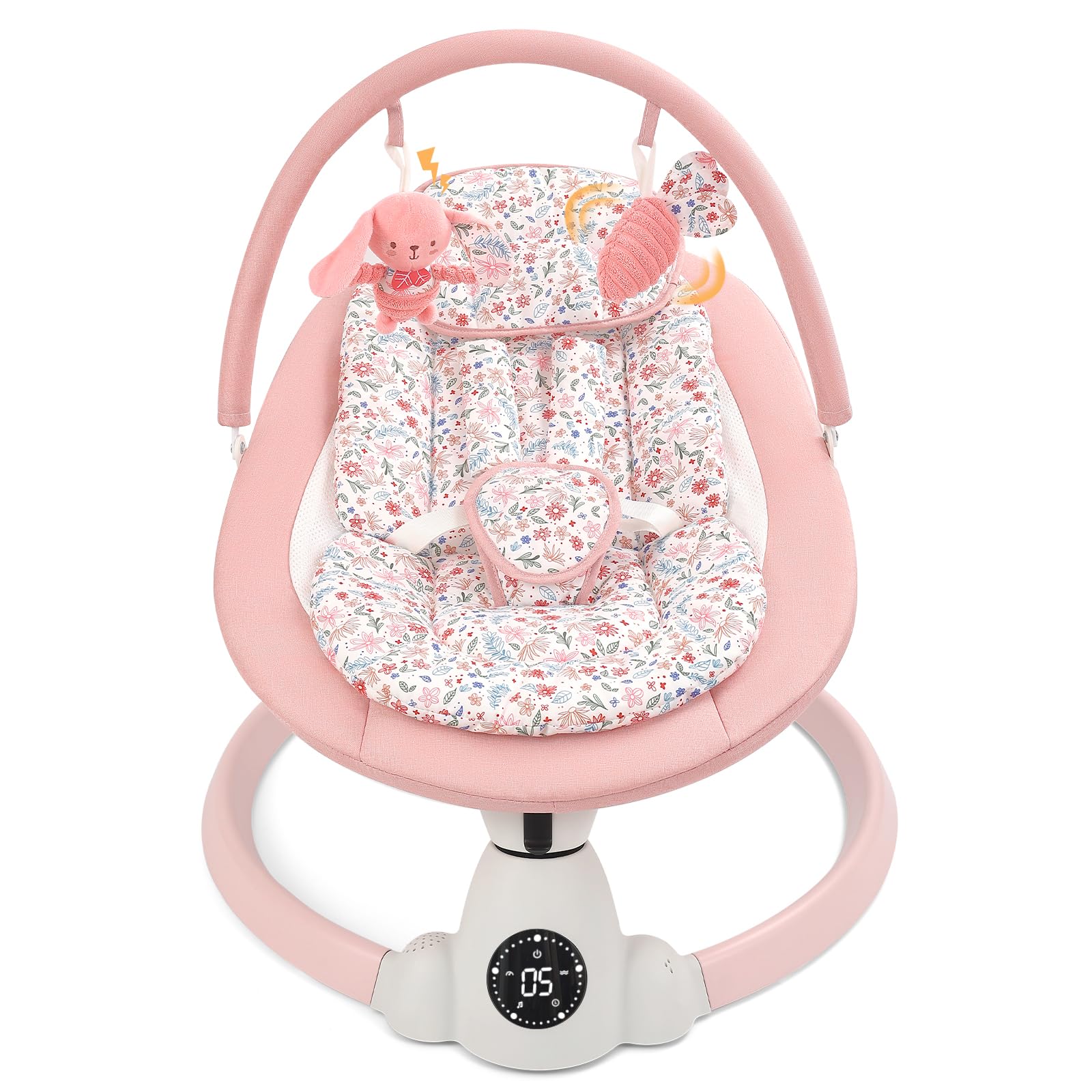Uuoeebb baby bouncer and swing with floral fabric, 5 swing speeds, 10 lullabies, 5-point harness, remote control, and touch panel.
