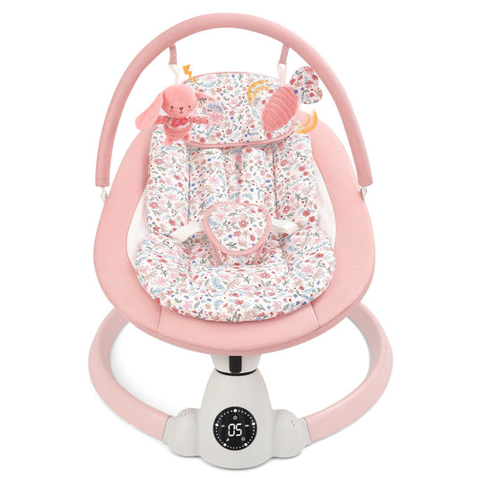 Baby Bouncer, Portable Electric Baby Swing with Bluetooth, 5 Swing Speed, 10 Lullabies, 5-Point Harness, Remote Control & Touch Panel - Bouncer from Birth for Indoor & Outdoor Use (Floral)