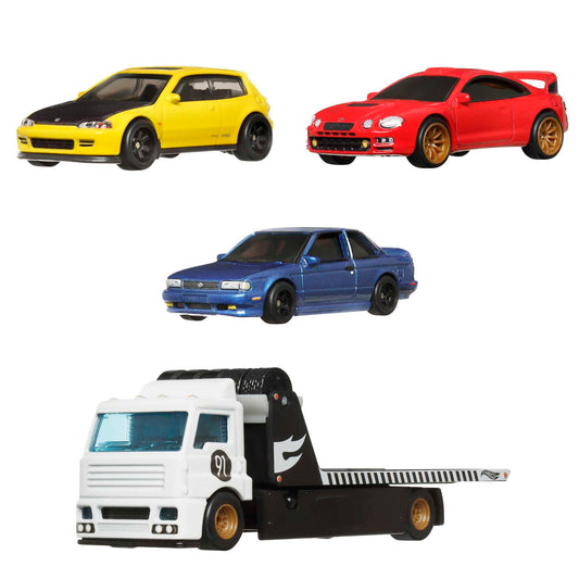 Hot Wheels Premium Collect Display Sets with 3 1:64 Scale Die-Cast Cars & 1 Team Transport Vehicle, Collectors’ Favorites, 2 Sets in the Assortment for Collectors of All Ages