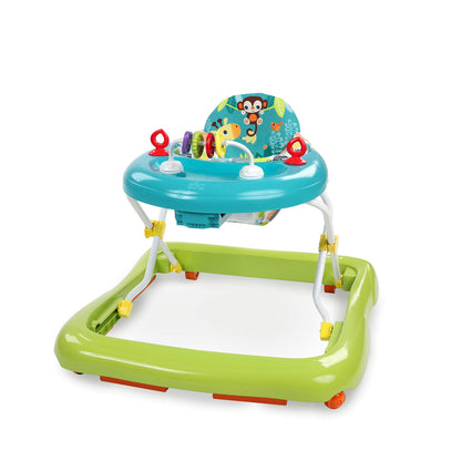 Bright Starts Giggling Safari Walker with easy fold frame for storage, designed for babies 6 months and older.