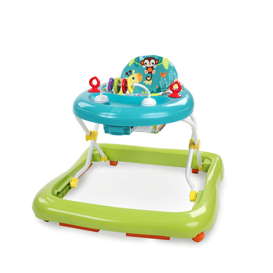 Bright Starts Giggling Safari Walker with easy fold frame for storage, designed for babies 6 months and older.