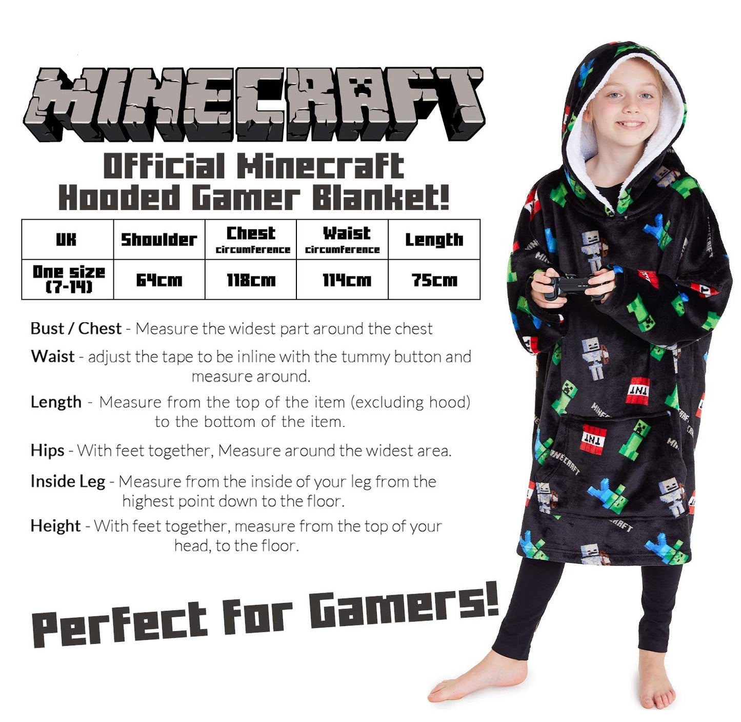 Minecraft Hoodie Blanket Boys Teens, Creeper Wearable Blanket Hooded Loungewear, Oversized Fleece Poncho, Gamer Gifts for Boys (Black)