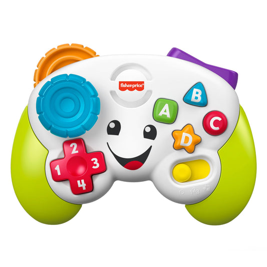 Fisher-Price Laugh & Learn game controller toy in green with colorful buttons, designed for infants aged 6 months and up.
