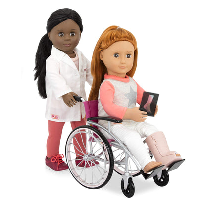 Our Generation Heals on Wheels set featuring a wheelchair and medical accessories for 18-inch girl dolls.