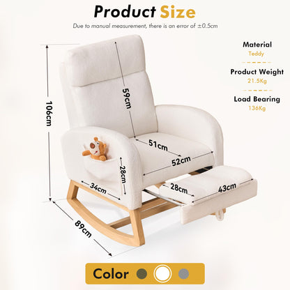 DEKKETO Rocking Chair with Footrest and Headrest, Teddy Wooden Nursing Chairs for adults with Extra Wide Seat and Large Side Pocket, Ergonomic Support for Nursery, Living Room, Ivory