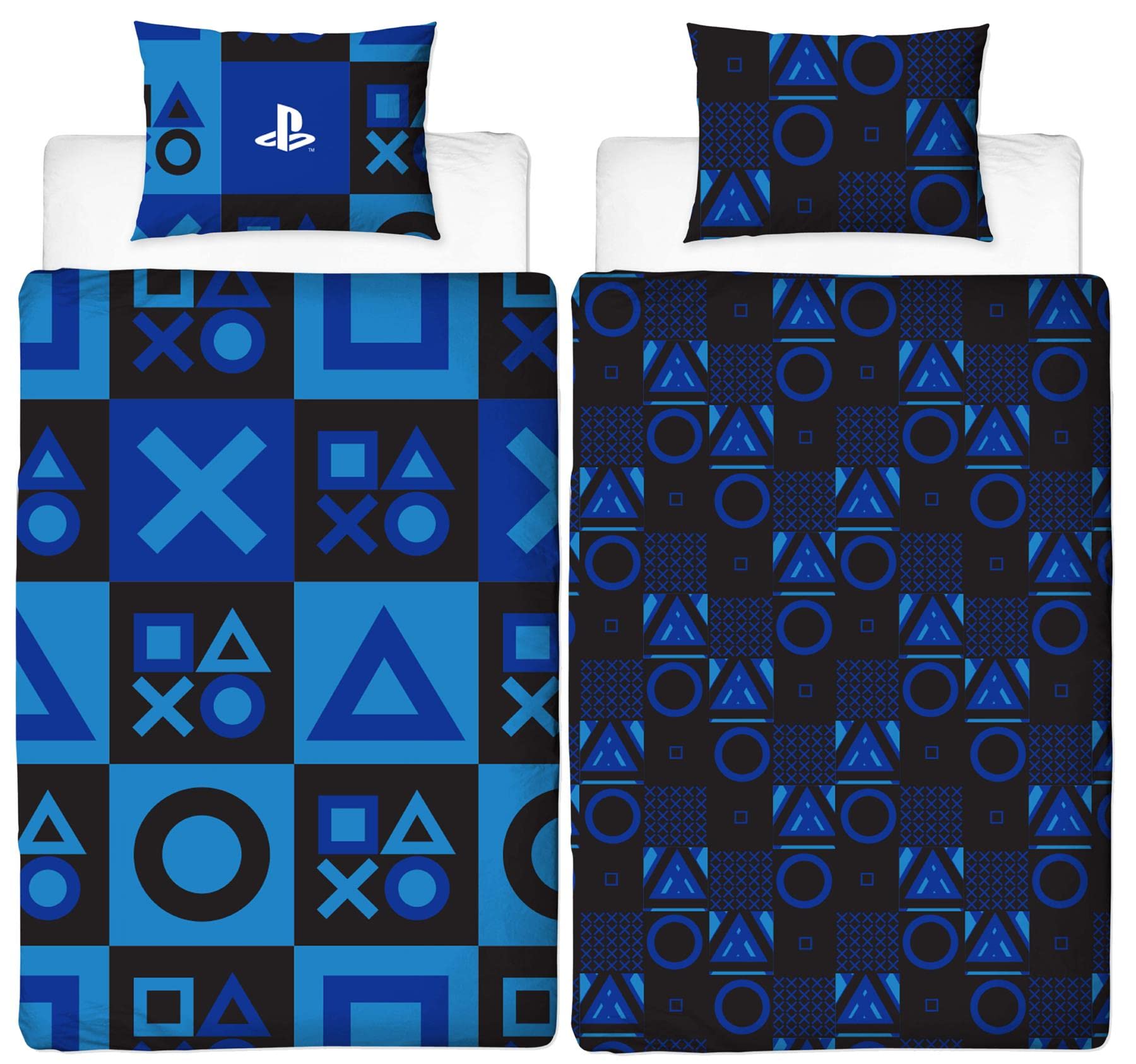 PlayStation Checks single duvet cover with controller icons design, reversible bedding set with matching pillowcase, official licensed product