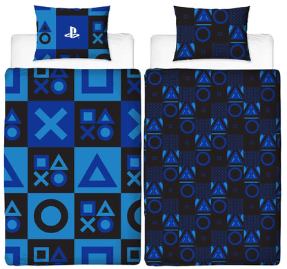 PlayStation Checks single duvet cover with controller icons design, reversible bedding set with matching pillowcase, official licensed product
