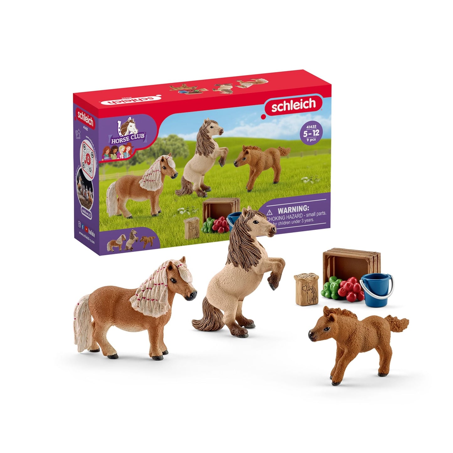 SCHLEICH HORSE CLUB - 8 PC Miniature Shetland Pony Family Playset with 3 Horses and Accessories - Collectable Farm Animal Figurines - Realistic Mini Horse Toys for Girls and Boys - Kids Ages 5+