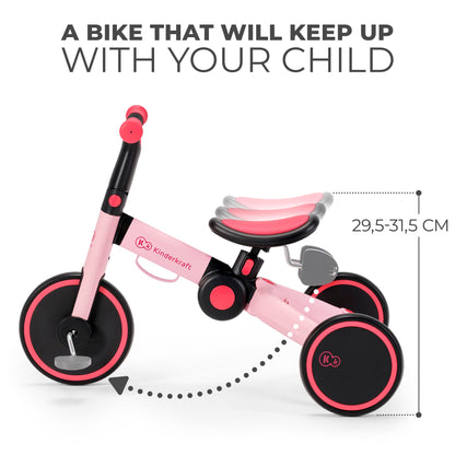 Kinderkraft 4TRIKE, foldable 3-in-1 tricycle, push trike, balance bike, pedal tricycle, lightweight aluminum frame, adjustable seat, EVA wheels, for children 1–5 years, Pink