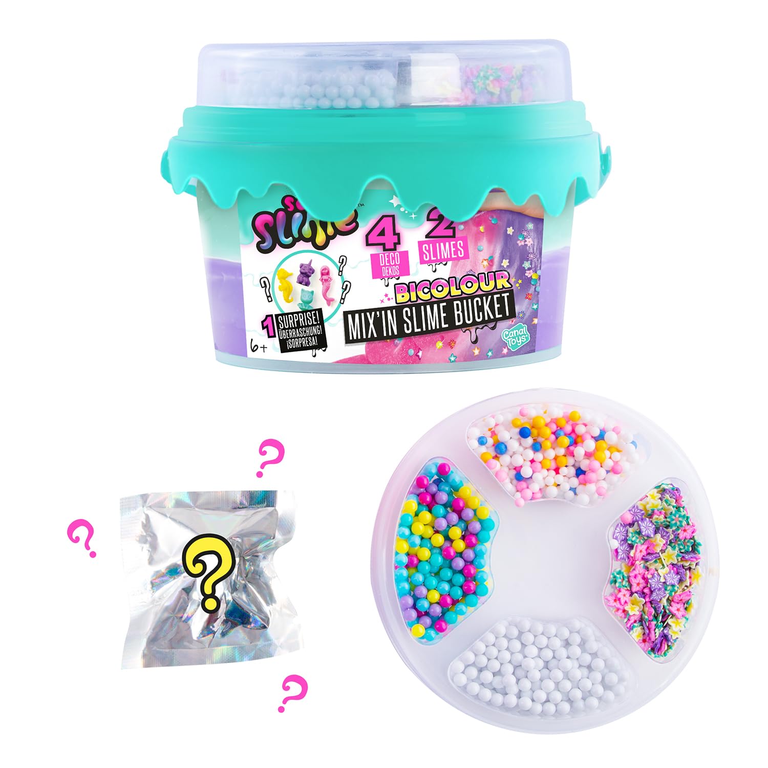 Multicolour slime bucket by Canal Toys with colorful slime and cute decorations, ready for kids 6+ to play and create.