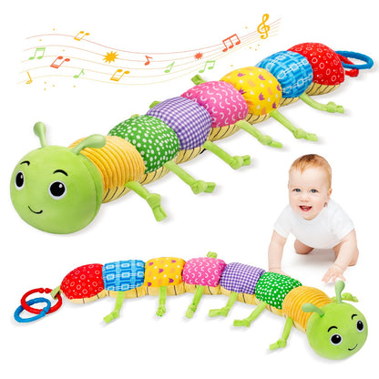 Accevo Baby Musical Multi-Sensory Caterpillar plush toy with crinkle, rattles, and textures for tummy time and sensory play.