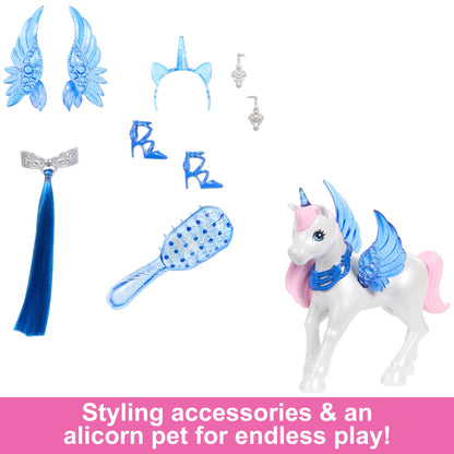 Barbie 65th Anniversary Unicorn Toy doll with blue hair, pink gown, sapphire wings, and a pet alicorn.