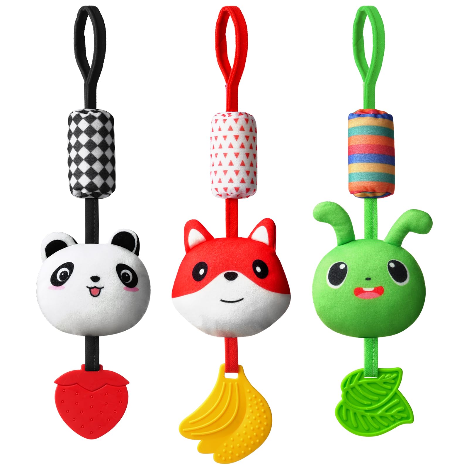 Aolso baby stroller toy with hanging rattles, high contrast animal-shaped plush caterpillar for newborns and early learning.