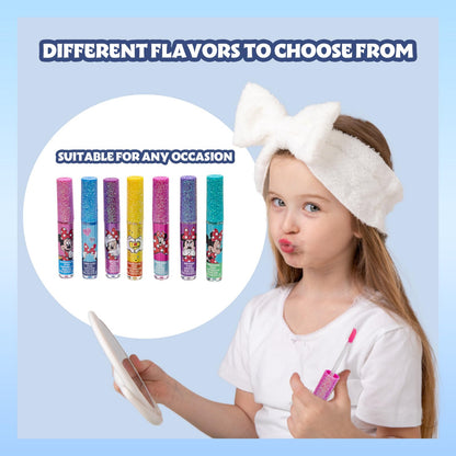 Disney Minnie Mouse 7-piece lip gloss set for girls, featuring colorful tubes and fun designs, ideal for party favors.