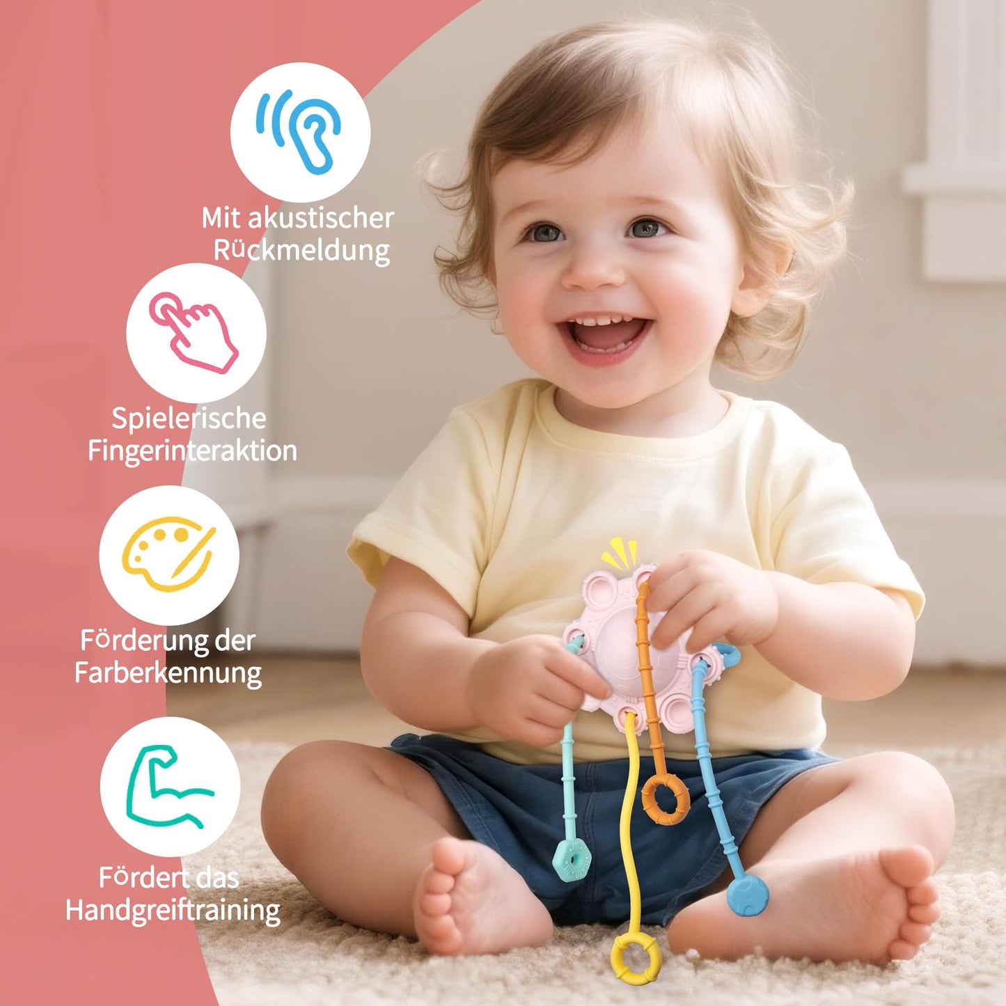 ROWFEN Baby Travel Toys - Montessori Silicone Pull String Toy Develops Sensory Skills for Babies, Built-in Rattle and Soft Press Function, Safe and Easy to Clean Design (Pink)