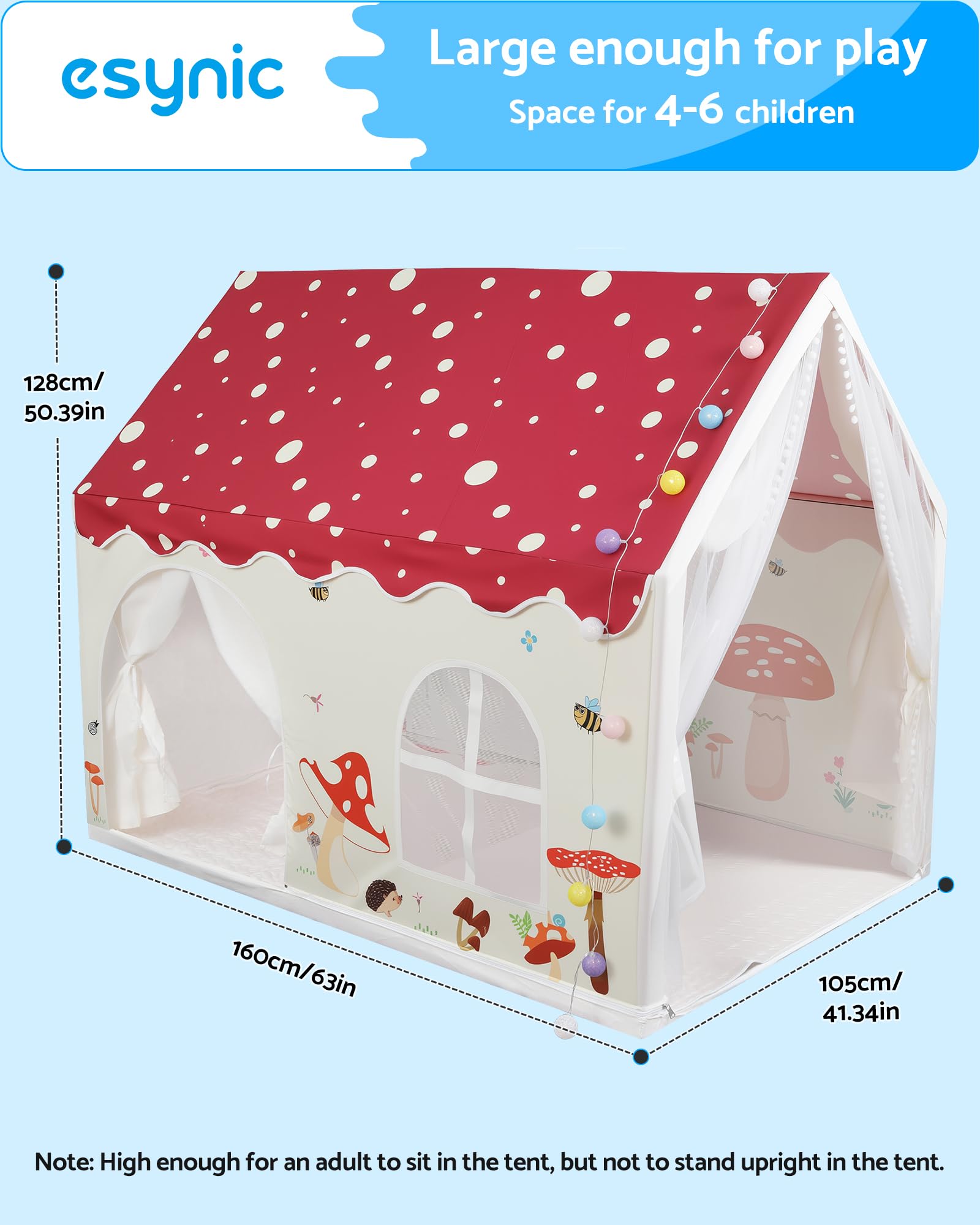 eSynic extra large kids indoor playhouse tent with lights, windows, non-slip mat, suitable for boys and girls aged 3-12.
