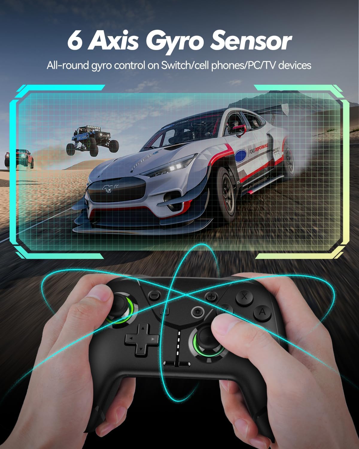 Ligame Switch wireless controller with black design, featuring vibration, turbo, motion, and RGB lighting for iPhone, Android, PC, and more.