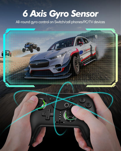 Ligame Switch wireless controller with black design, featuring vibration, turbo, motion, and RGB lighting for iPhone, Android, PC, and more.