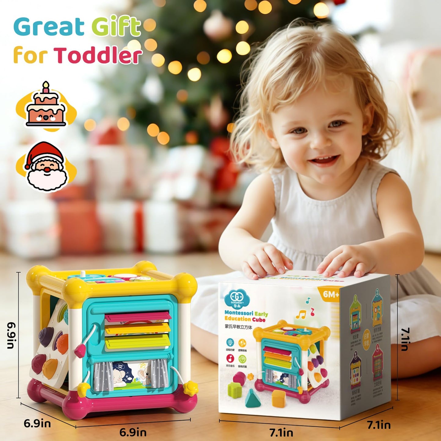 Colorful 6-in-1 Montessori activity cube for babies, featuring shape sorter, music board, pop-up bubbles, and sensory toys for ages 6-12 months.