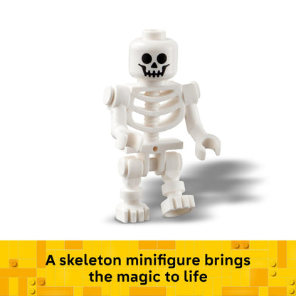 LEGO Halloween Barn playset featuring a skeleton minifigure, bat, and spooky lamps for imaginative play.