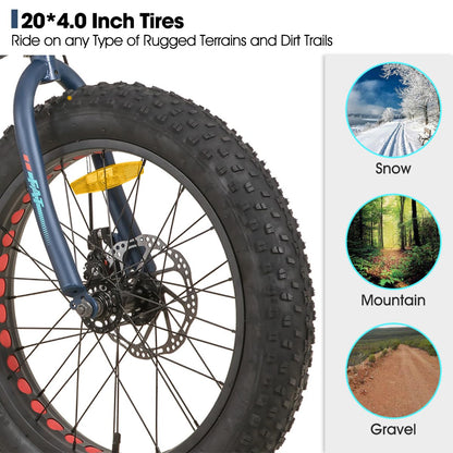 Hiland 20 Inch Kids Bicycles Fat Tire Mountain Bike for Boys and Girls, 7 Speed Blue Mountain Bike, Dual-Disc Brake, Kids Beach and Snow Bicycle