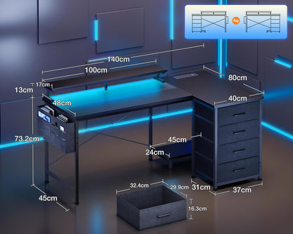 ODK L Shaped Gaming Desk with LED Lights & Power Outlets, 140x80cm Corner Computer Desk with Drawers, Reversible Gaming Table with Monitor Shelf & PC Stand, Black