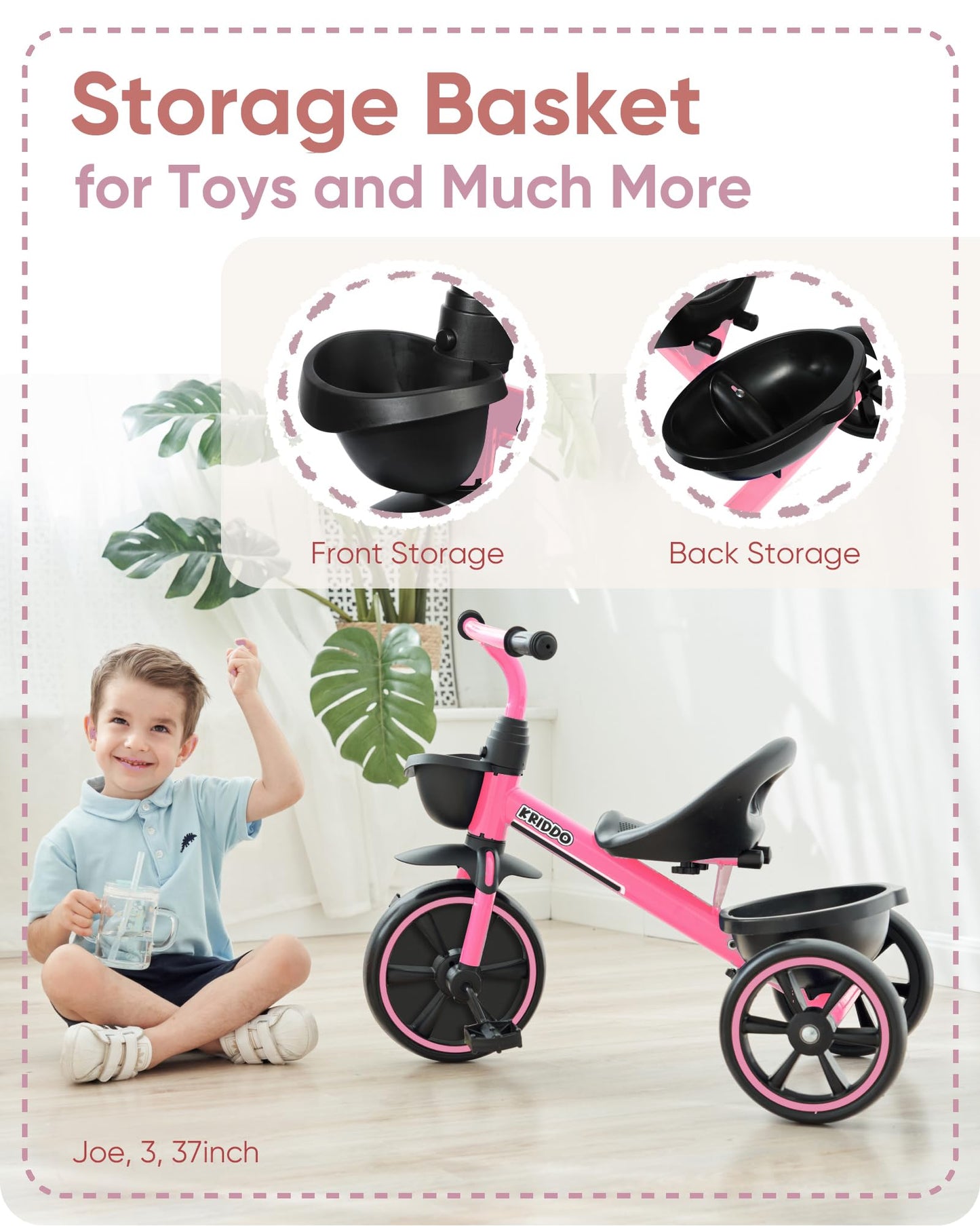 KRIDDO Kids Tricycles Age 24 Month to 5 Years, Toddler Kids Trike for 2.5 to 5 Year Old, Gift Toddler Tricycles for 2-4 Year Olds, Trikes for Toddlers, Pink