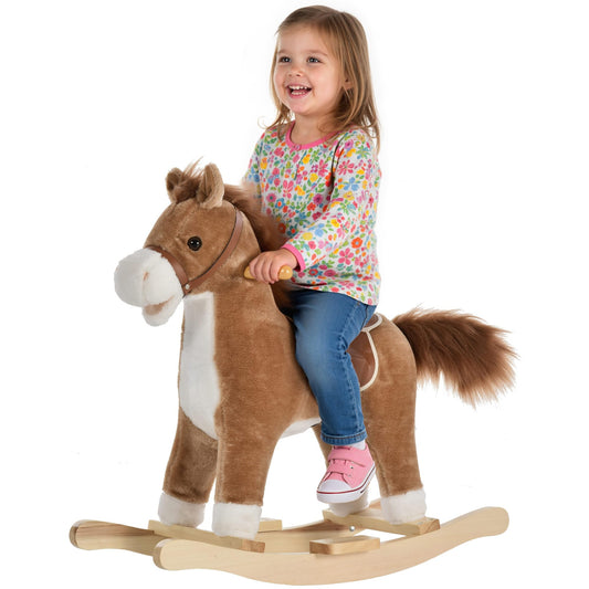 HOMCOM Kids Plush Rocking Horse w/Sound Moving Mouth Wagging Tail Children Rocker Ride On Toy Gift 3-6 Years Brown
